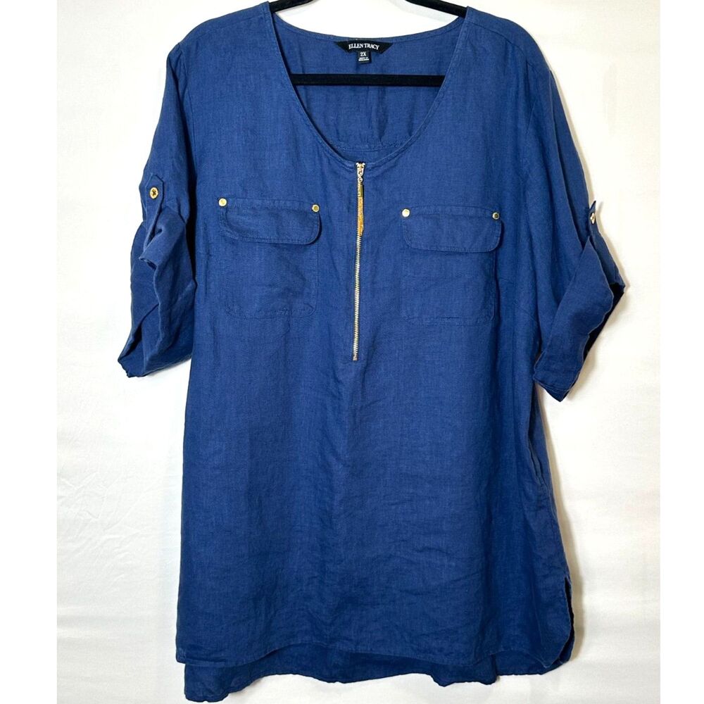 Ellen Tracy Plus Size 2X 100% Linen Blue Short Sleeve 2 Pocket Zip Up Tunic Top